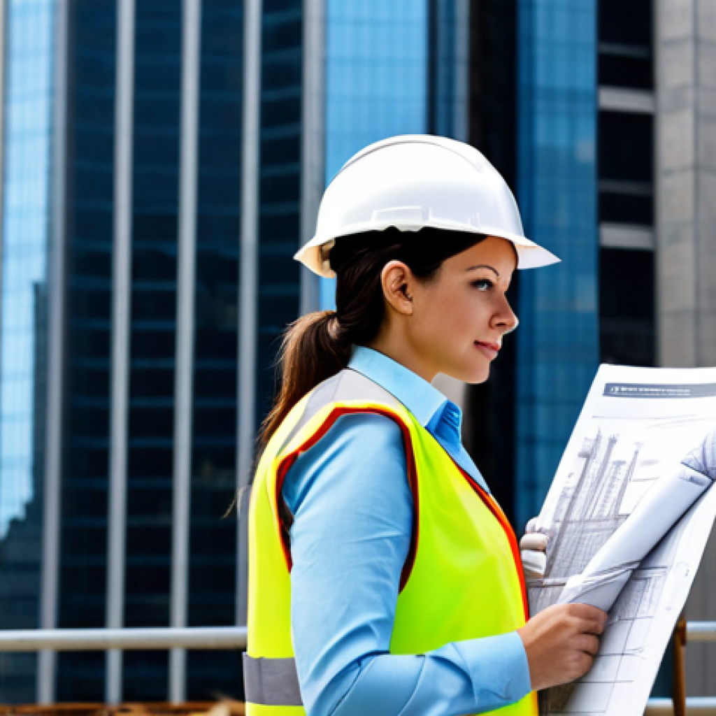**

"A professional female architect in a fully clothed, modest pantsuit, reviewing blueprints on a construction site with a skyscraper in the background, hard hat, safety vest, appropriate attire, safe for work, perfect anatomy, correct proportions, natural pose, professional photography, well-formed hands, proper finger count, natural body proportions, family-friendly."

**