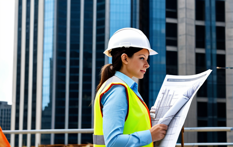 **

"A professional female architect in a fully clothed, modest pantsuit, reviewing blueprints on a construction site with a skyscraper in the background, hard hat, safety vest, appropriate attire, safe for work, perfect anatomy, correct proportions, natural pose, professional photography, well-formed hands, proper finger count, natural body proportions, family-friendly."

**