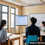 한국어교원 자격증의 장점과 단점 - A professional Korean language teacher in a modern Parisian classroom, wearing smart casual attire, ...