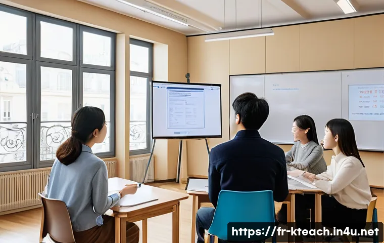 한국어교원 자격증의 장점과 단점 - A professional Korean language teacher in a modern Parisian classroom, wearing smart casual attire, ...