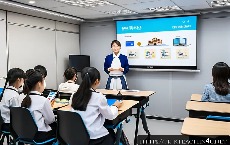 한국어교원 관련 학회 및 세미나 정보 - A vibrant classroom scene in Paris, France, during a Korean language teaching conference. The room i...