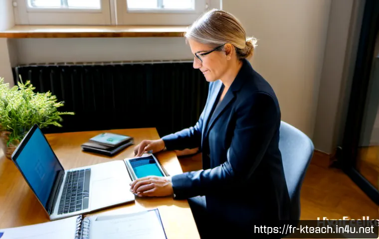 한국어교원 이직을 위한 스킬 업그레이드 - Photorealistic French language teacher upgrading career skills in a bright Parisian co-working class...