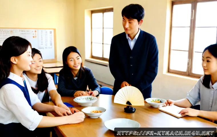 Home 17 한국어교원과 문화 이해의 중요성 - Photorealistic French language teacher leading a Korean culture workshop for adult learners in a bri...